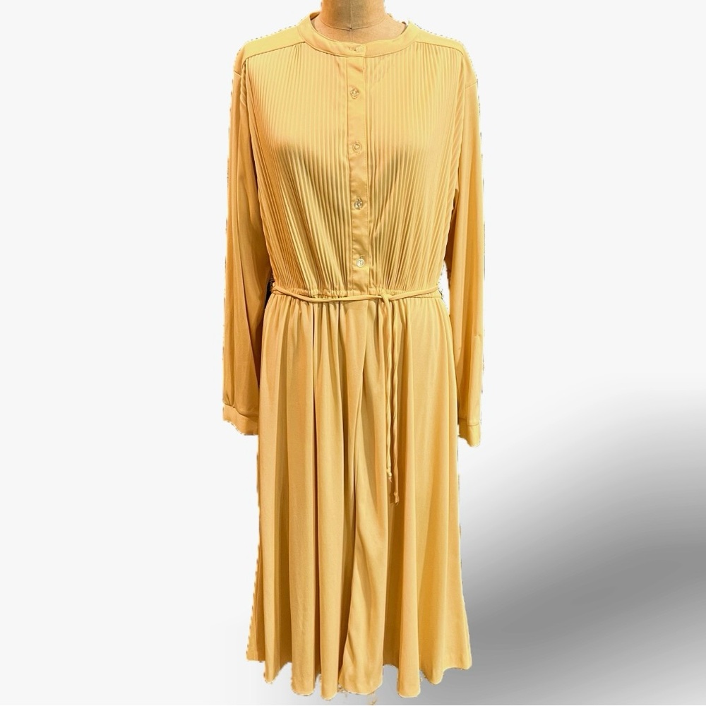 VINTAGE 70s‎ marigold autumn sunset midi dress accordion pleat elastic waist